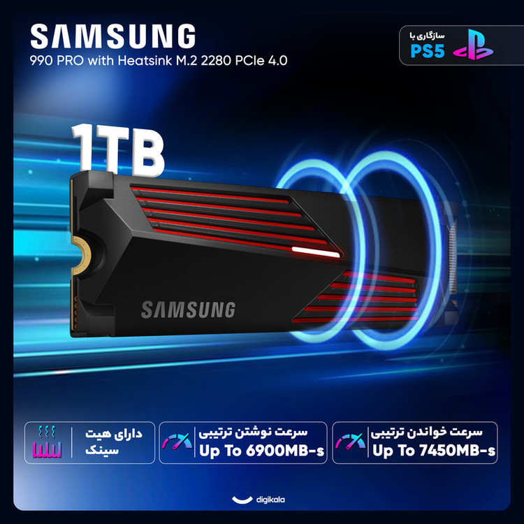 اس اس دی اینترنال PCIe Gen4 x4 سامسونگ مدل SSD SAMSUNG 990 PRO Heatsink M.2 ظرفیت 1 ترابایت