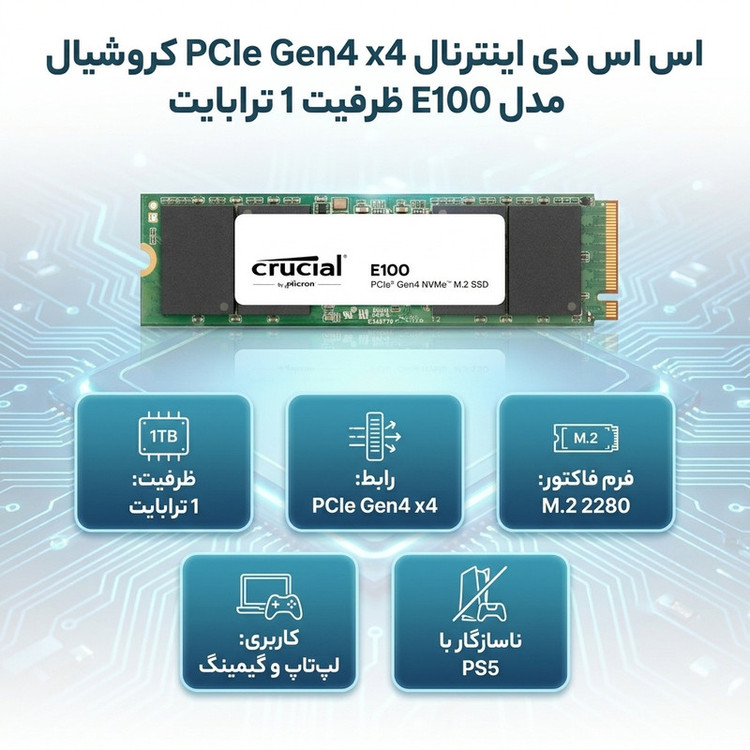 اس اس دی اینترنال PCIe Gen4 x4 کروشیال مدل E100 ظرفیت 1 ترابایت